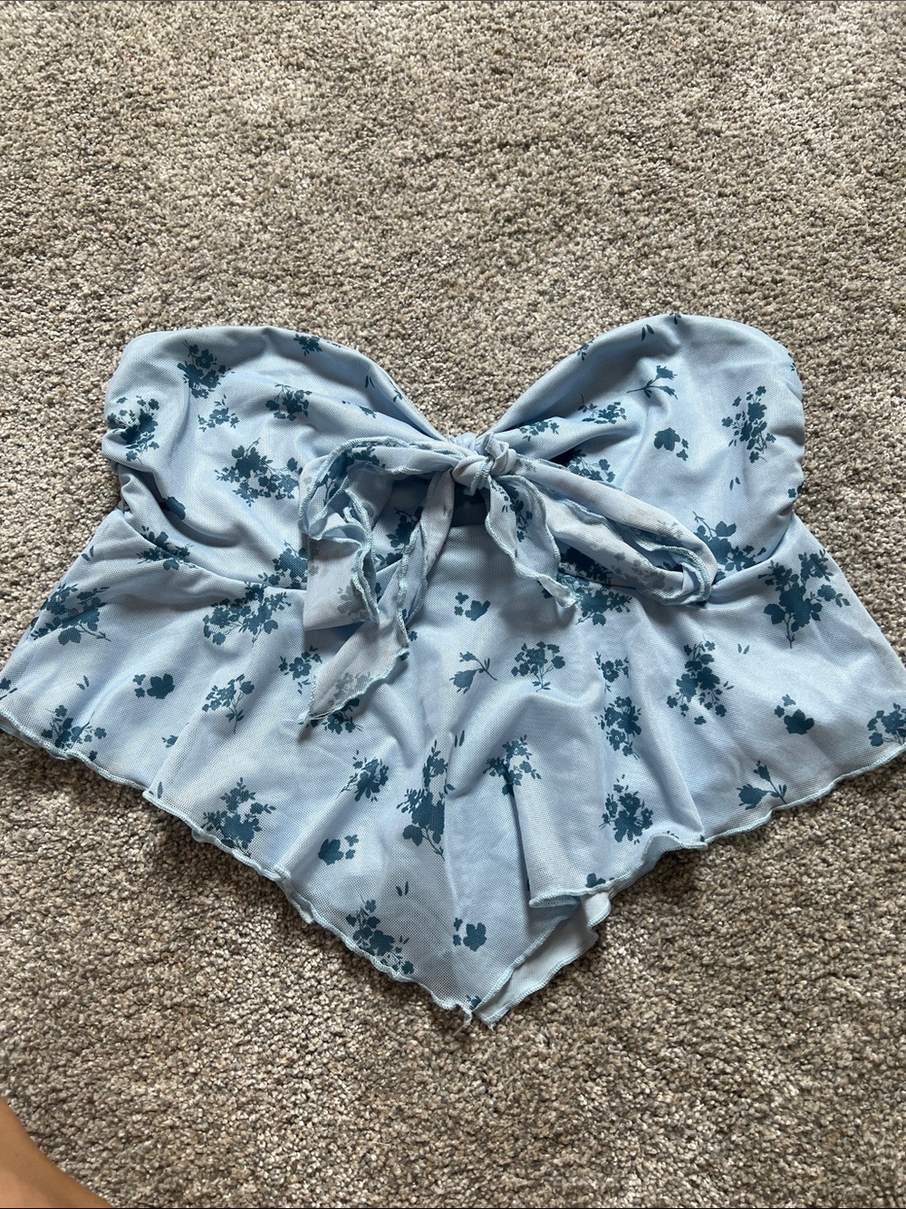 Light Blue Floral Tie-Front Strapless Crop Top